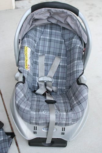 car seat with blue and grey stripes