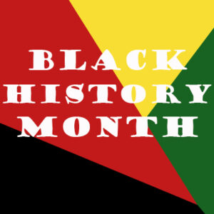 빨간색, 검은색, 녹색 및 노란색 그래픽 배경이 있는 흑인 역사의 달 텍스트