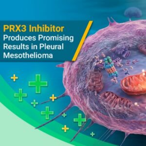 Illustration representing PRX3 inhibitor research and its potential role in treating mesothelioma through oxidative stress pathways.