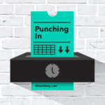 A time card labeled Punching In is inserted into a black time clock, mounted on a white brick wall. The card has a table, two arrow icons, and Bloomberg Law Report is printed at the bottom, referencing recent coverage of California silicosis cases.