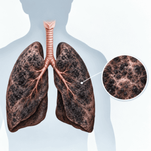 Illustration of human lungs with dark spots, indicating disease or damage—such as Black Lung Disease, an occupational disease; a magnified view highlights the affected lung tissue.