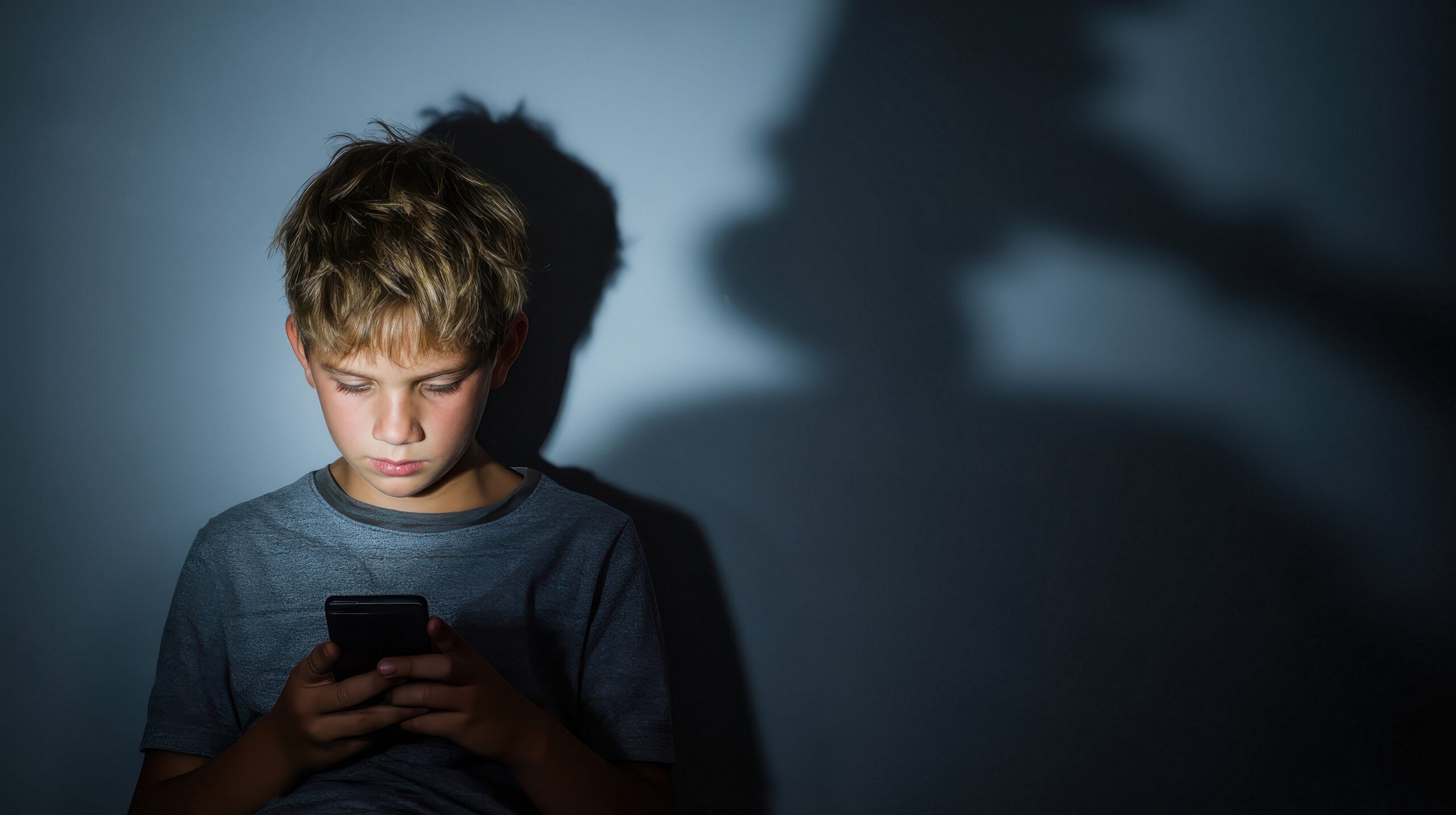 A young boy sits against a wall, looking at social media on his smartphone.