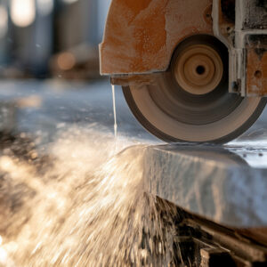 A circular saw blade cuts into a slab of engineered stone with water spraying from the contact point.